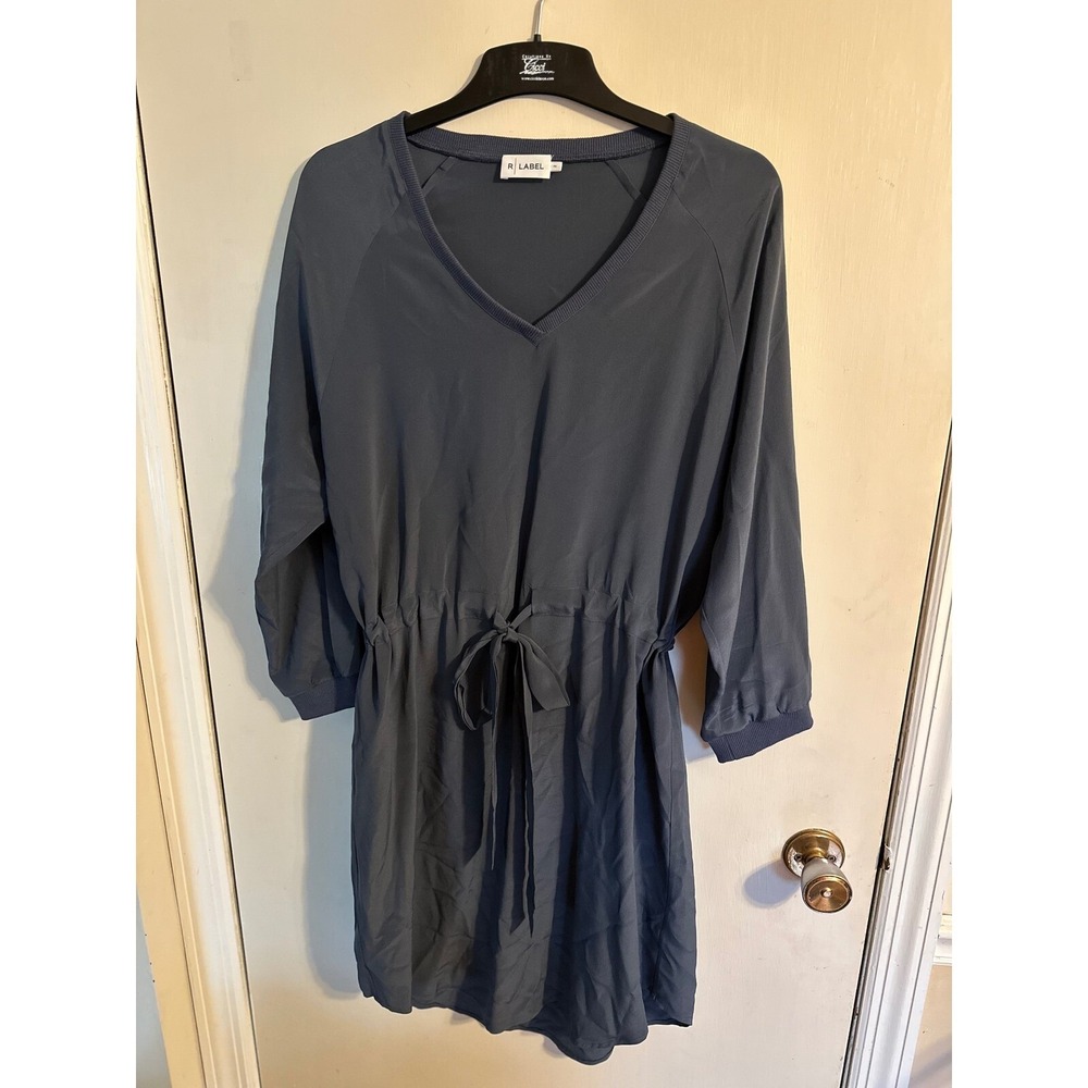 Silk Drawstring Dress V-Neck Long Sleeve Grey Woman's Size Medium‎ R Label